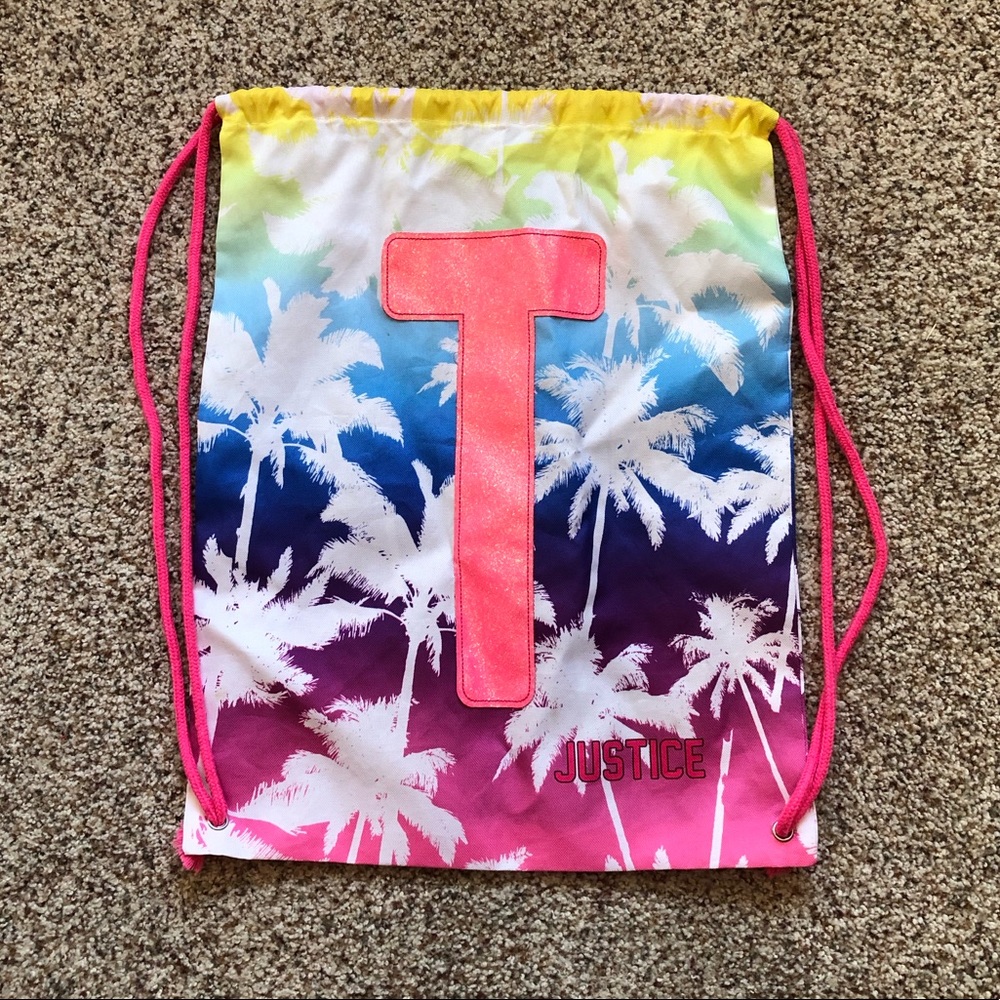 Justice draw string bag with a big sparkly t